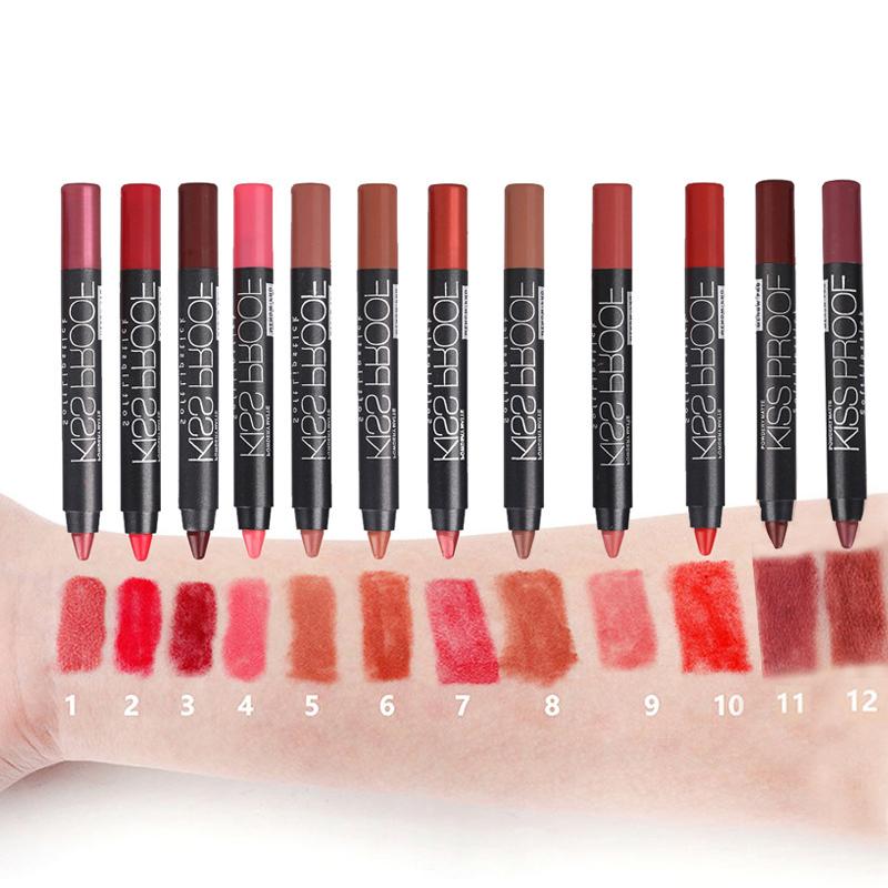 Menow 12 Color/Pack KISS PROOF Sexy Beauty Waterproof Lipstick Pen Lasting Do Not Fade Lipstick Gift 1Pcs Pencil Sharpener 4186