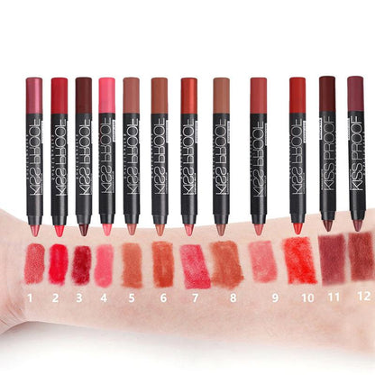 Menow 12 Color/Pack KISS PROOF Sexy Beauty Waterproof Lipstick Pen Lasting Do Not Fade Lipstick Gift 1Pcs Pencil Sharpener 4186