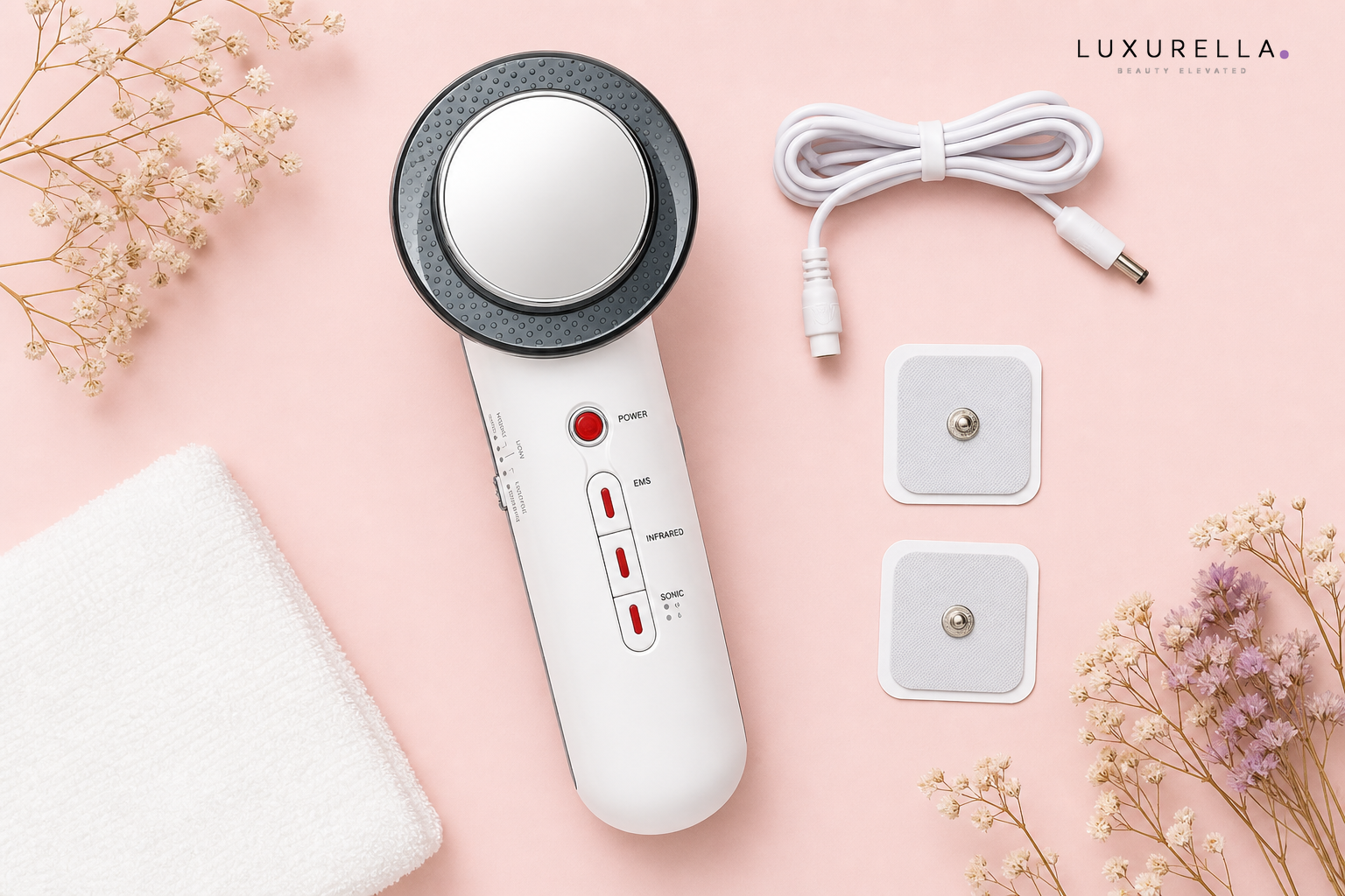 Luxurella 3-in-1 EMS Ultrasound Device - flat lay with accessories