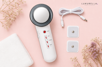 Luxurella 3-in-1 EMS Ultrasound Device - flat lay with accessories