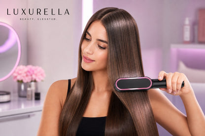 Luxurella hair straightening brush in use