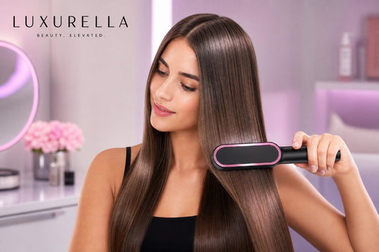 Luxurella hair straightening brush in use